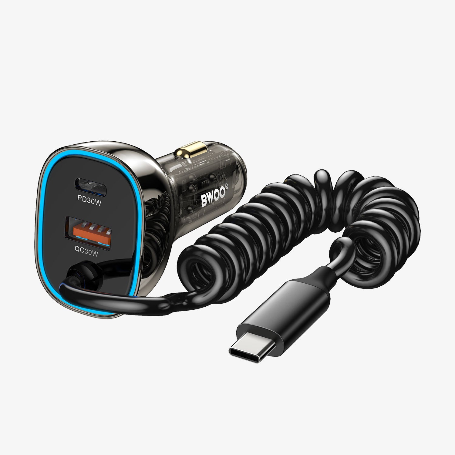 30W Dual ports Car Charger with USB-C Coiled Cable