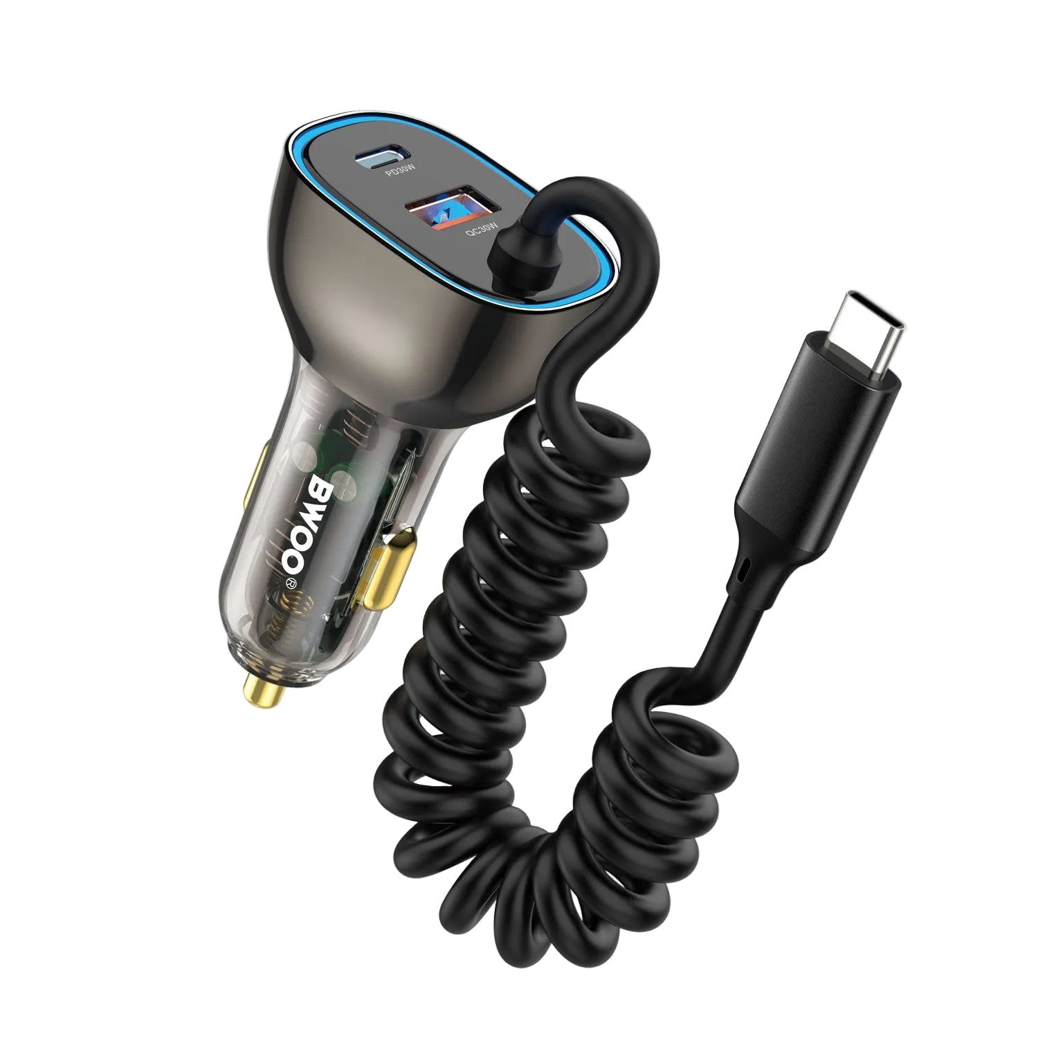 30W Dual ports Car Charger with USB-C Coiled Cable