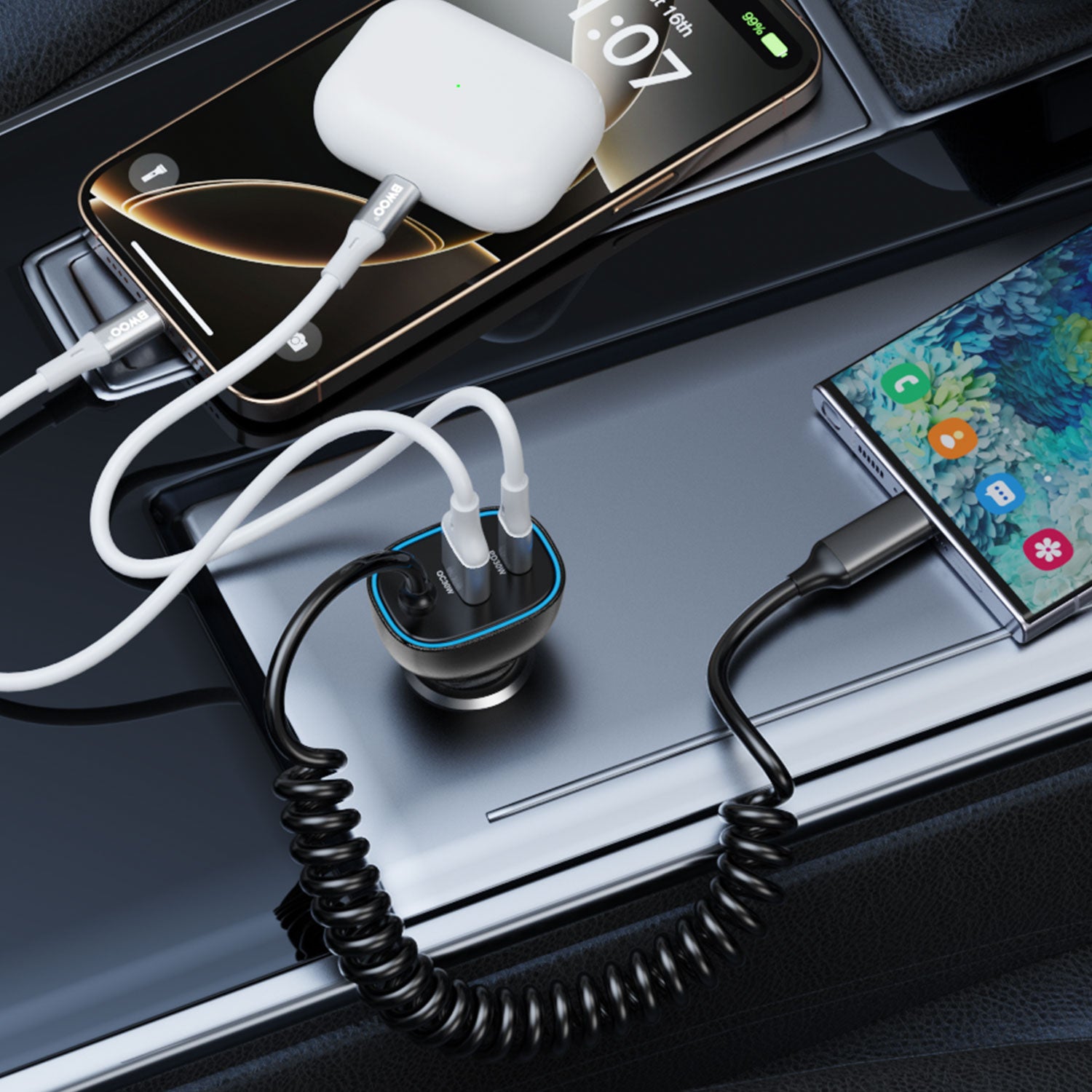 30W Dual ports Car Charger with USB-C Coiled Cable
