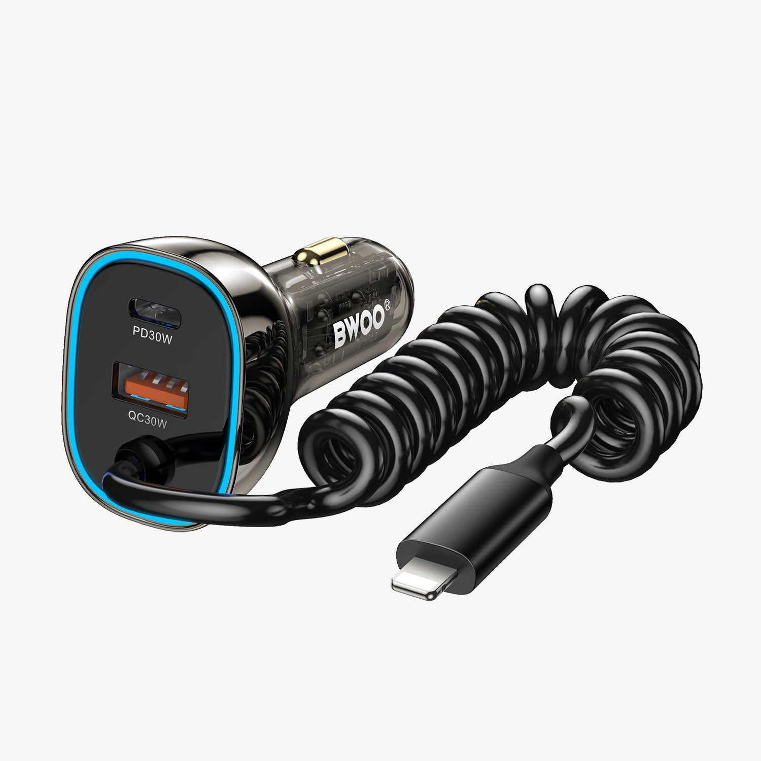 30W Dual ports Car Charger with Ligtening Coiled Cable