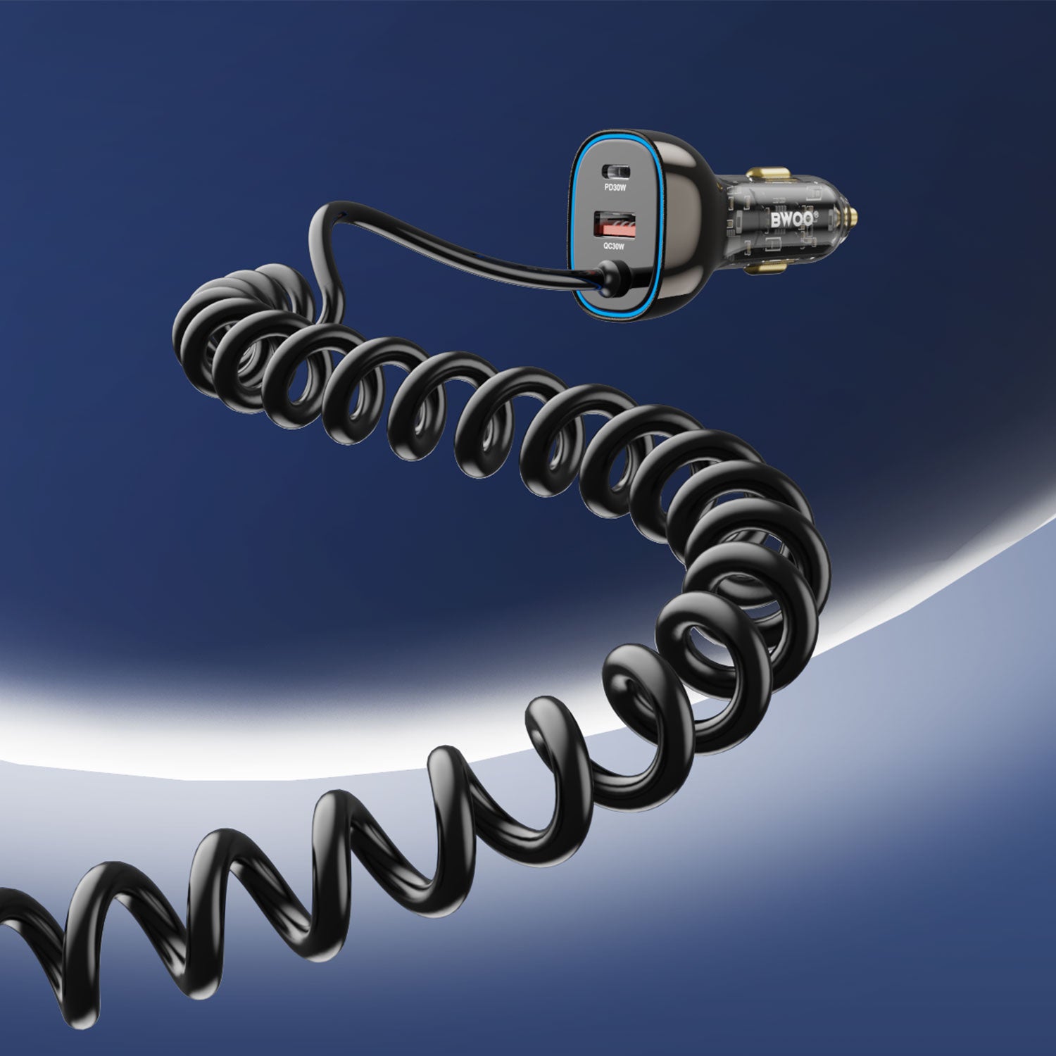 30W Dual ports Car Charger with Ligtening Coiled Cable