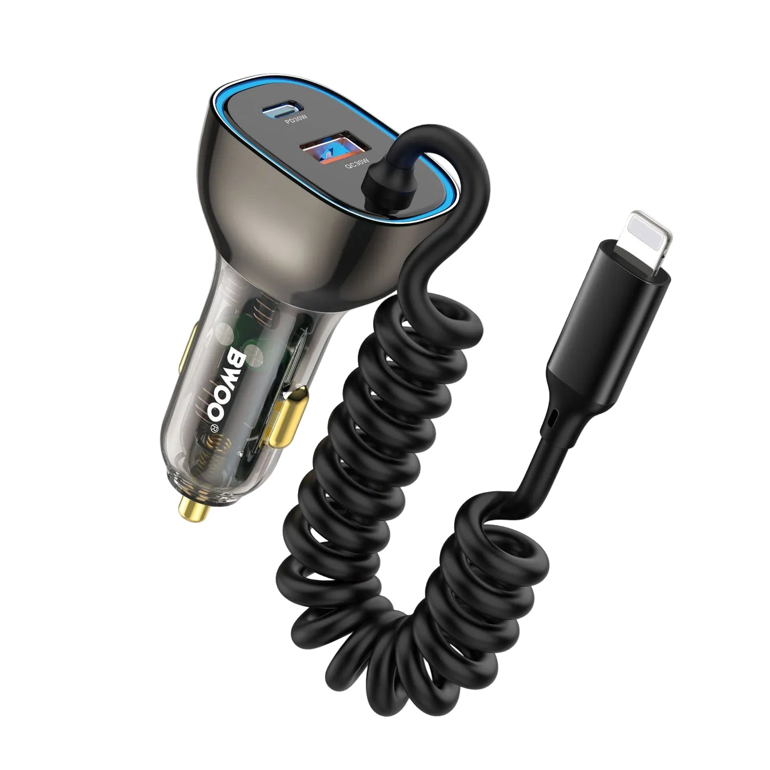 30W Dual ports Car Charger with Ligtening Coiled Cable