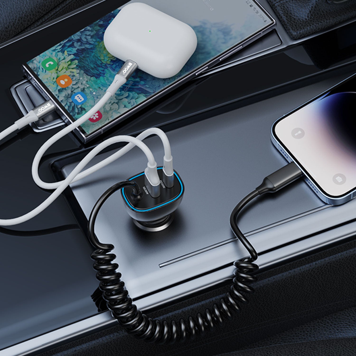 30W Dual ports Car Charger with Ligtening Coiled Cable