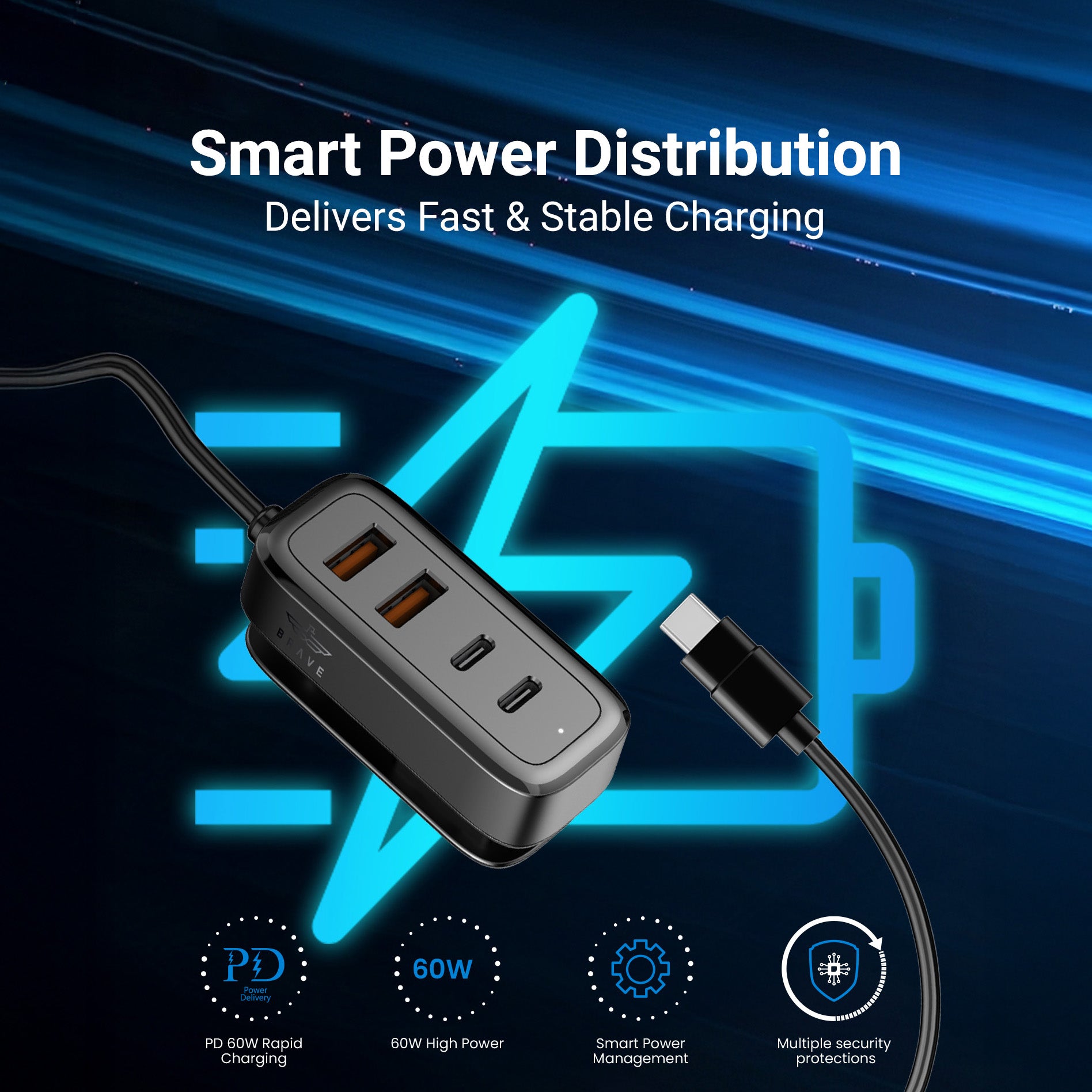 60W Multi-Port Car Charger - 2 USB-C + 2 USB-A, 1.5m Type-C Cable