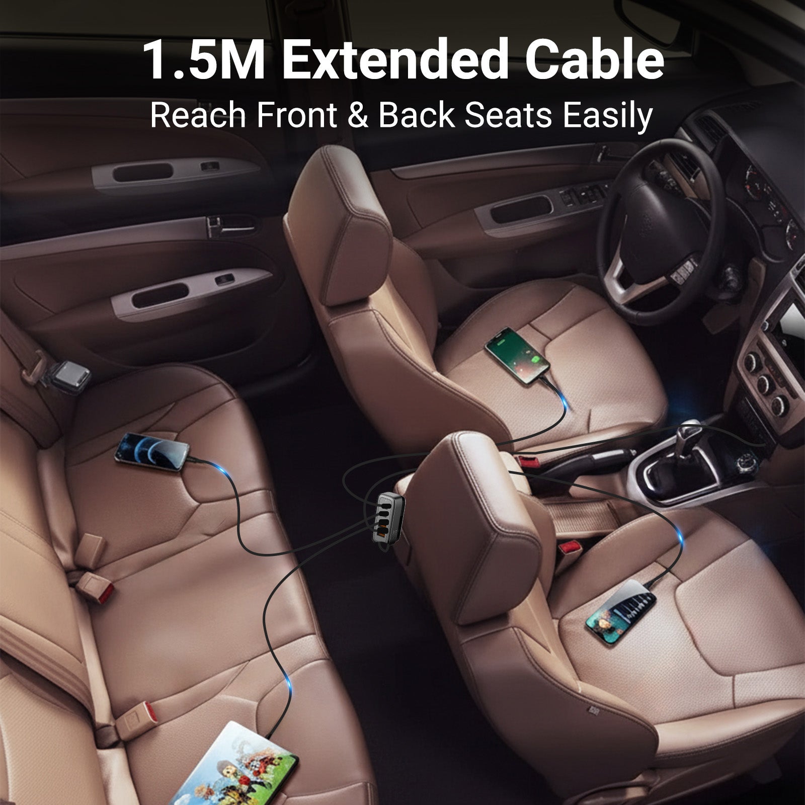 60W Multi-Port Car Charger - 2 USB-C + 2 USB-A, 1.5m Type-C Cable