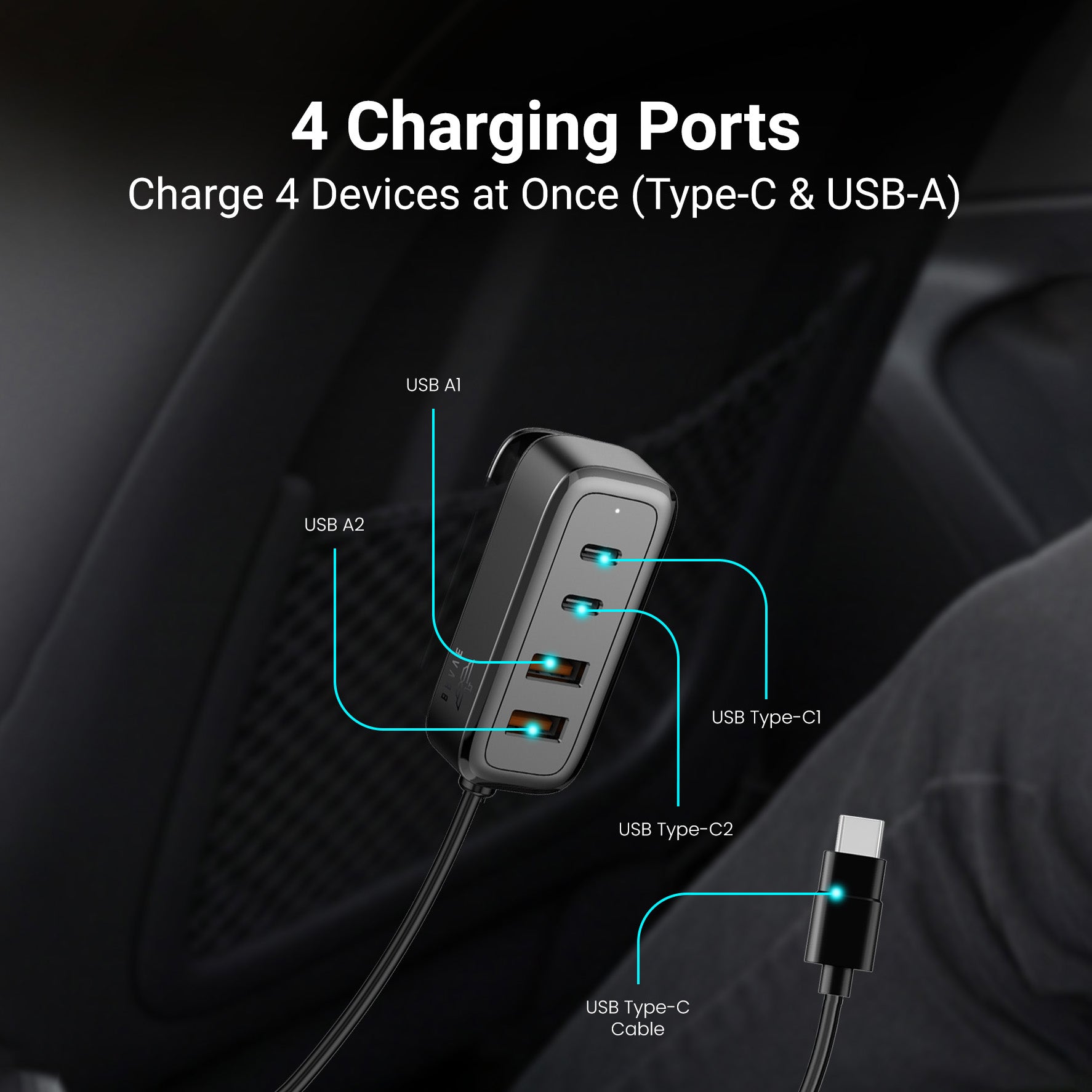 60W Multi-Port Car Charger - 2 USB-C + 2 USB-A, 1.5m Type-C Cable