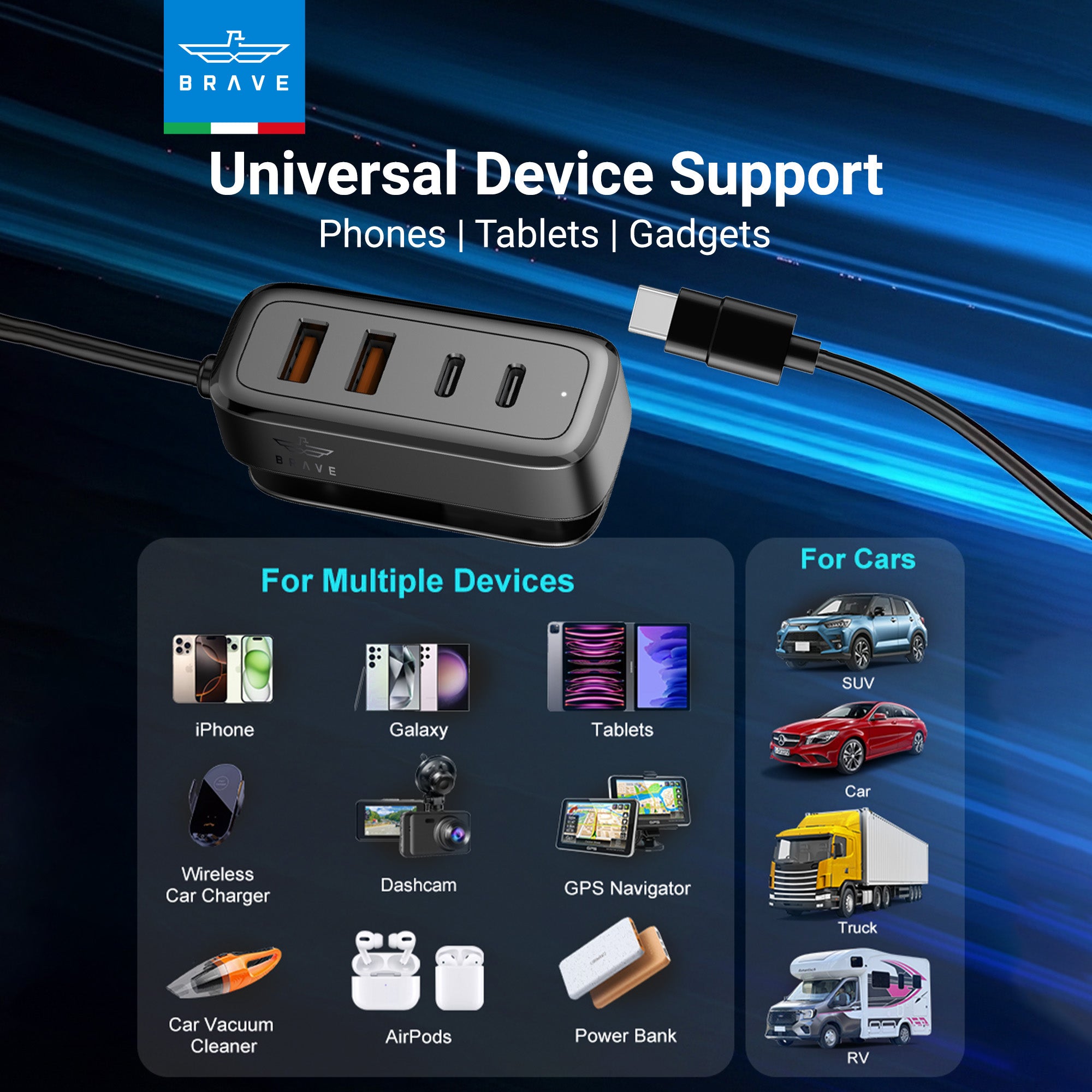 60W Multi-Port Car Charger - 2 USB-C + 2 USB-A, 1.5m Type-C Cable