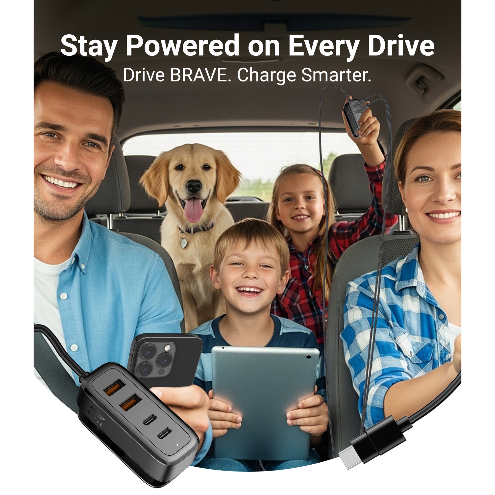 60W Multi-Port Car Charger - 2 USB-C + 2 USB-A, 1.5m Type-C Cable