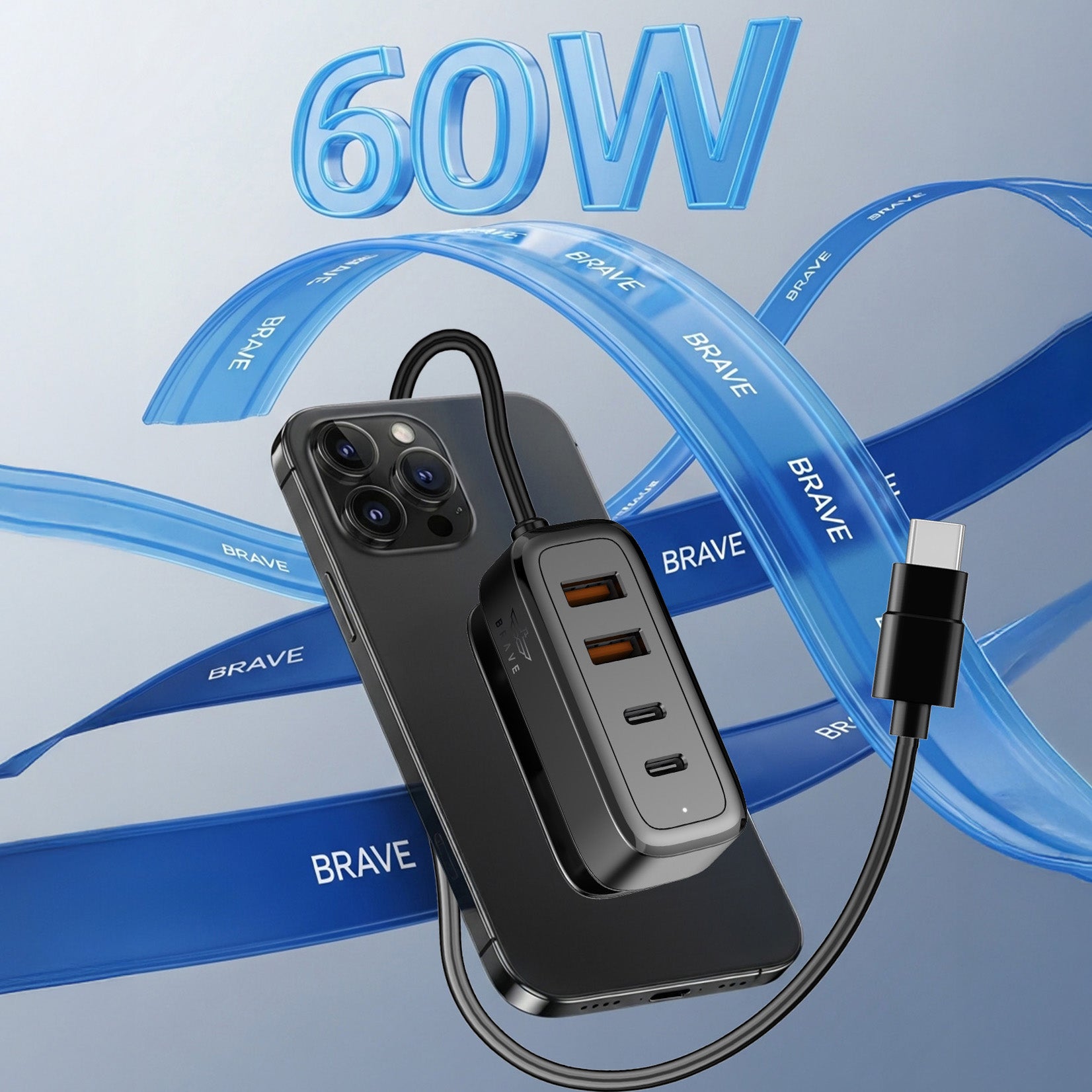 60W Multi-Port Car Charger - 2 USB-C + 2 USB-A, 1.5m Type-C Cable