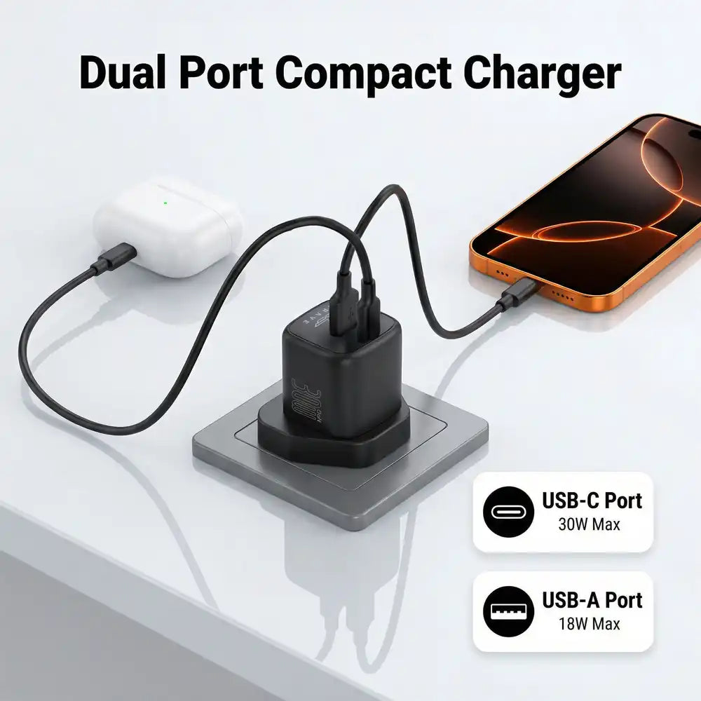 30W GaN USB + USB-C Wall Fast Charger with 60W Type-C Cable