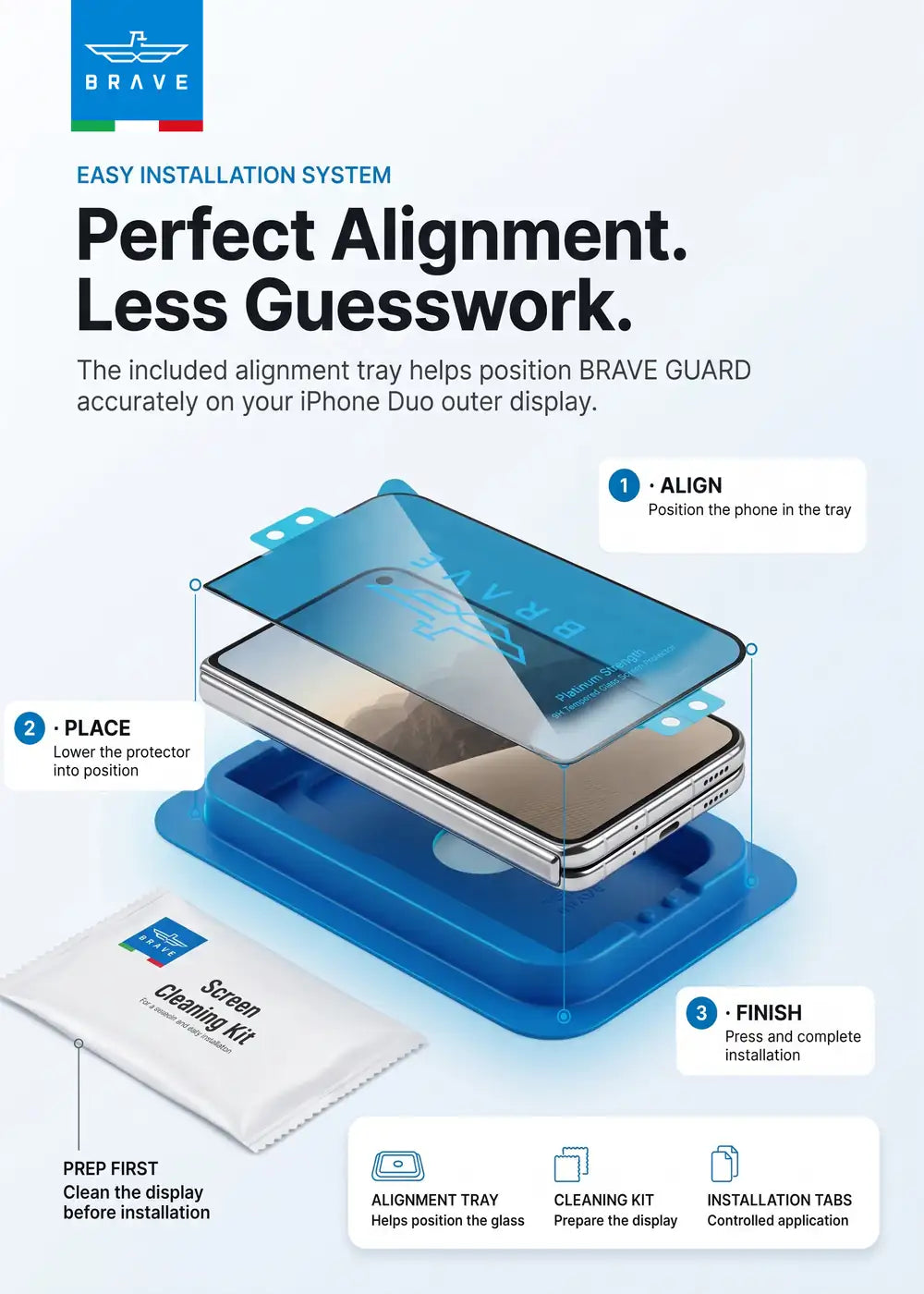 BRAVE Guard iPhone Duo Tempered Glass Screen Protector, 9H HD, Full Screen Coverage, Scratch Resistant, Bubble-Free Installation Kit, SC-18F - Clear