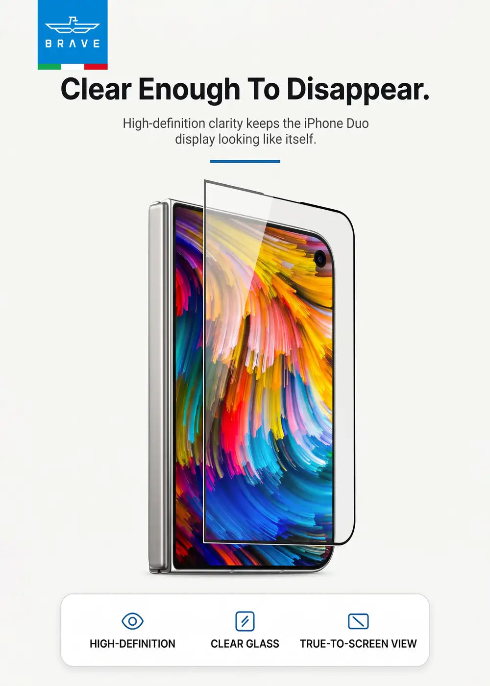 BRAVE Guard iPhone Duo Tempered Glass Screen Protector, 9H HD, Full Screen Coverage, Scratch Resistant, Bubble-Free Installation Kit, SC-18F - Clear