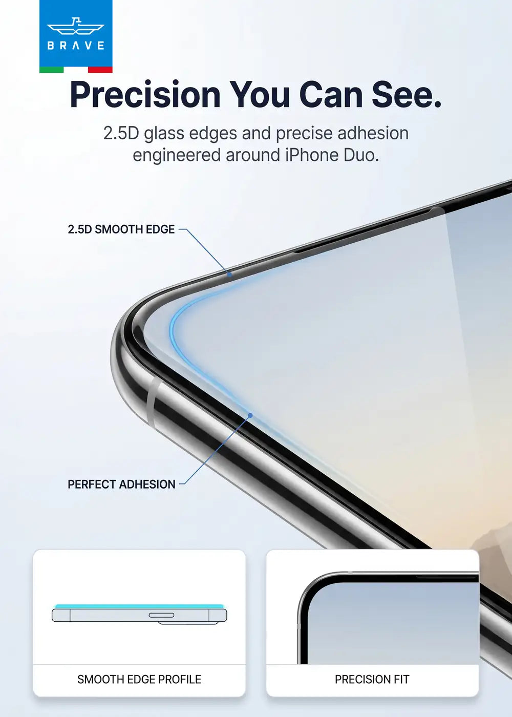BRAVE Guard iPhone Duo Tempered Glass Screen Protector, 9H HD, Full Screen Coverage, Scratch Resistant, Bubble-Free Installation Kit, SC-18F - Clear