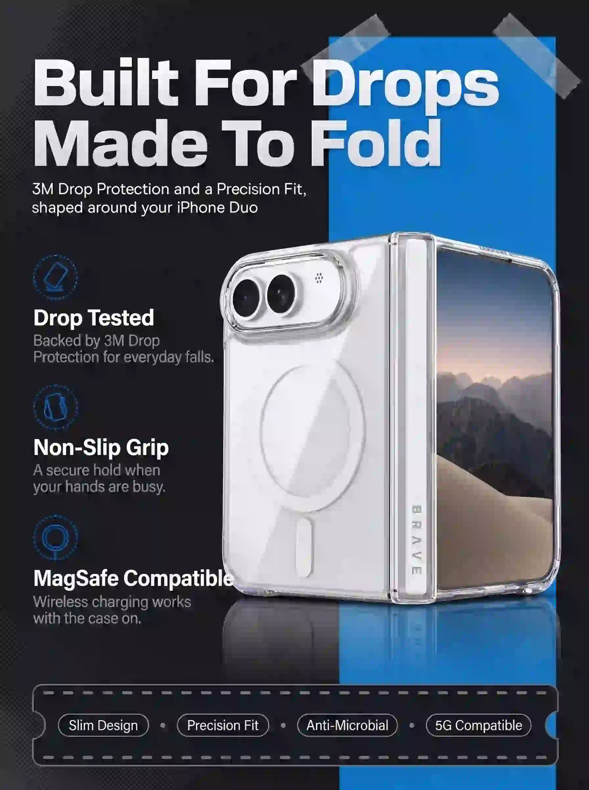 BRAVE GUARD iPhone Duo Magnetic Case, MagSafe Compatible, 15FT Drop Protection, Anti-Yellowing, Shockproof Foldable Cover - Clear