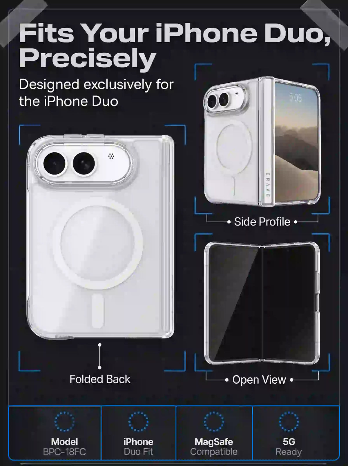 BRAVE GUARD iPhone Duo Magnetic Case, MagSafe Compatible, 15FT Drop Protection, Anti-Yellowing, Shockproof Foldable Cover - Clear