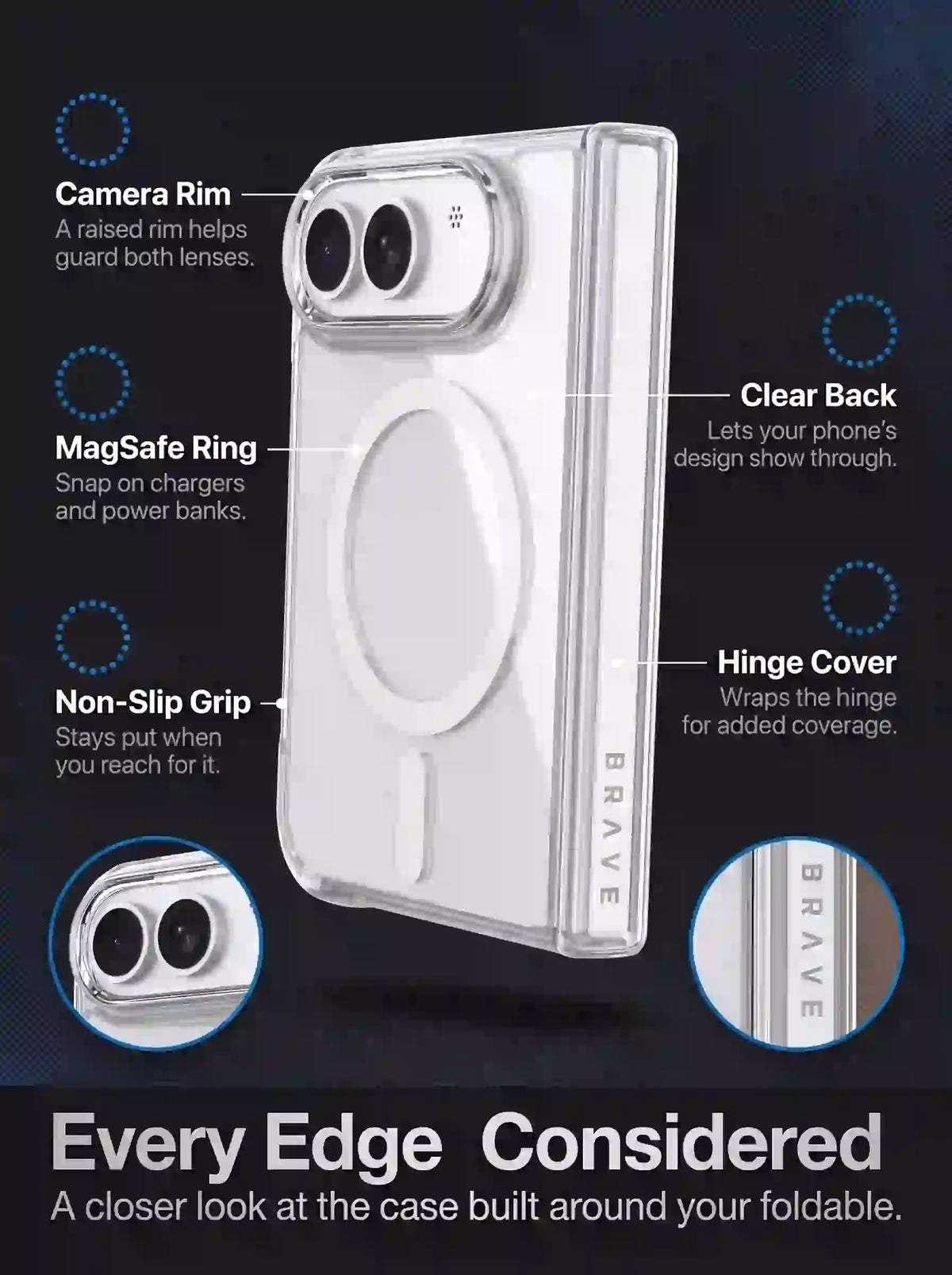 BRAVE GUARD iPhone Duo Magnetic Case, MagSafe Compatible, 15FT Drop Protection, Anti-Yellowing, Shockproof Foldable Cover - Clear