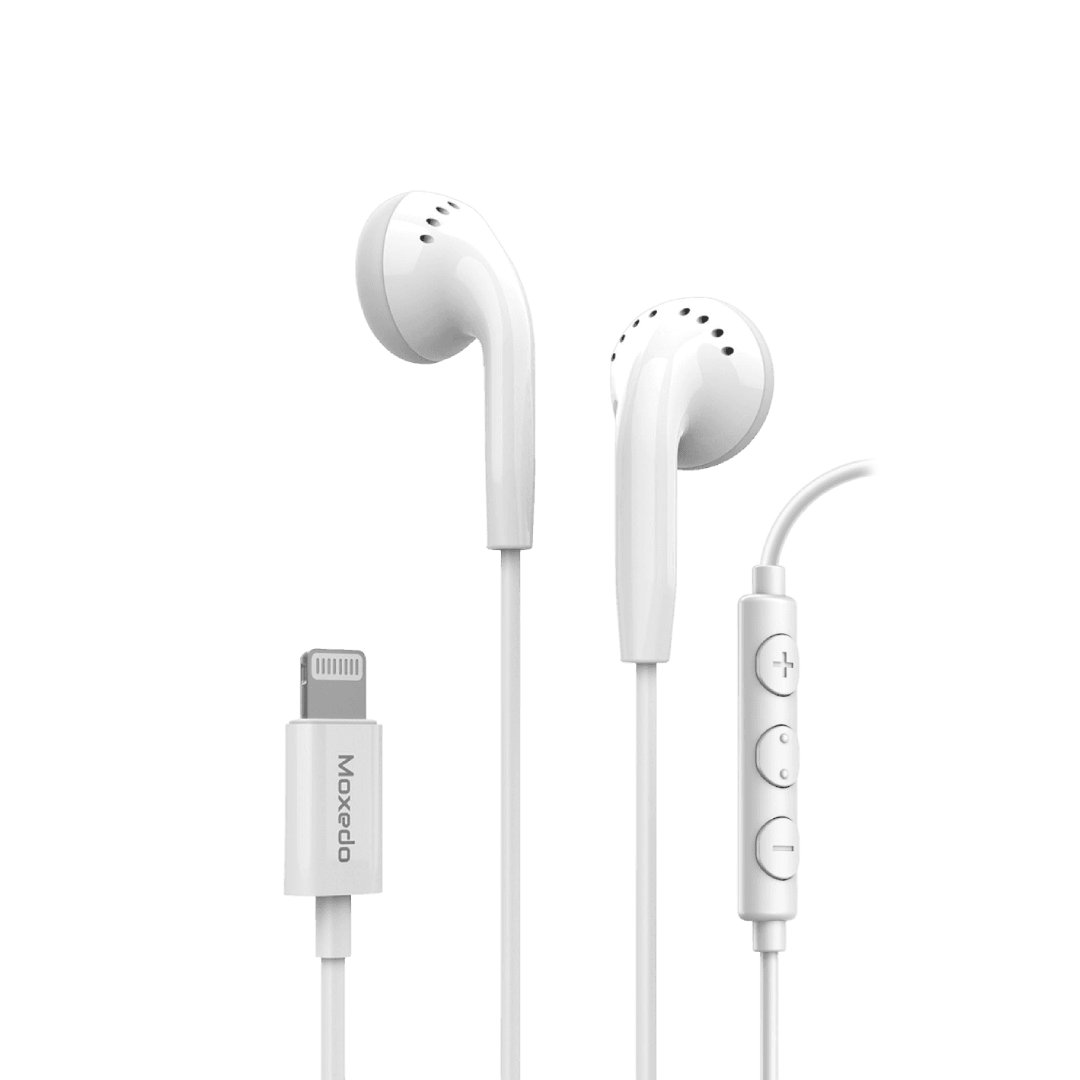 MOXEDO WIRED STEREO ROUNDED SHAPE LIGHTNING EARPHONE WITH IN-LINE MIC AND REMOTE - WHITE