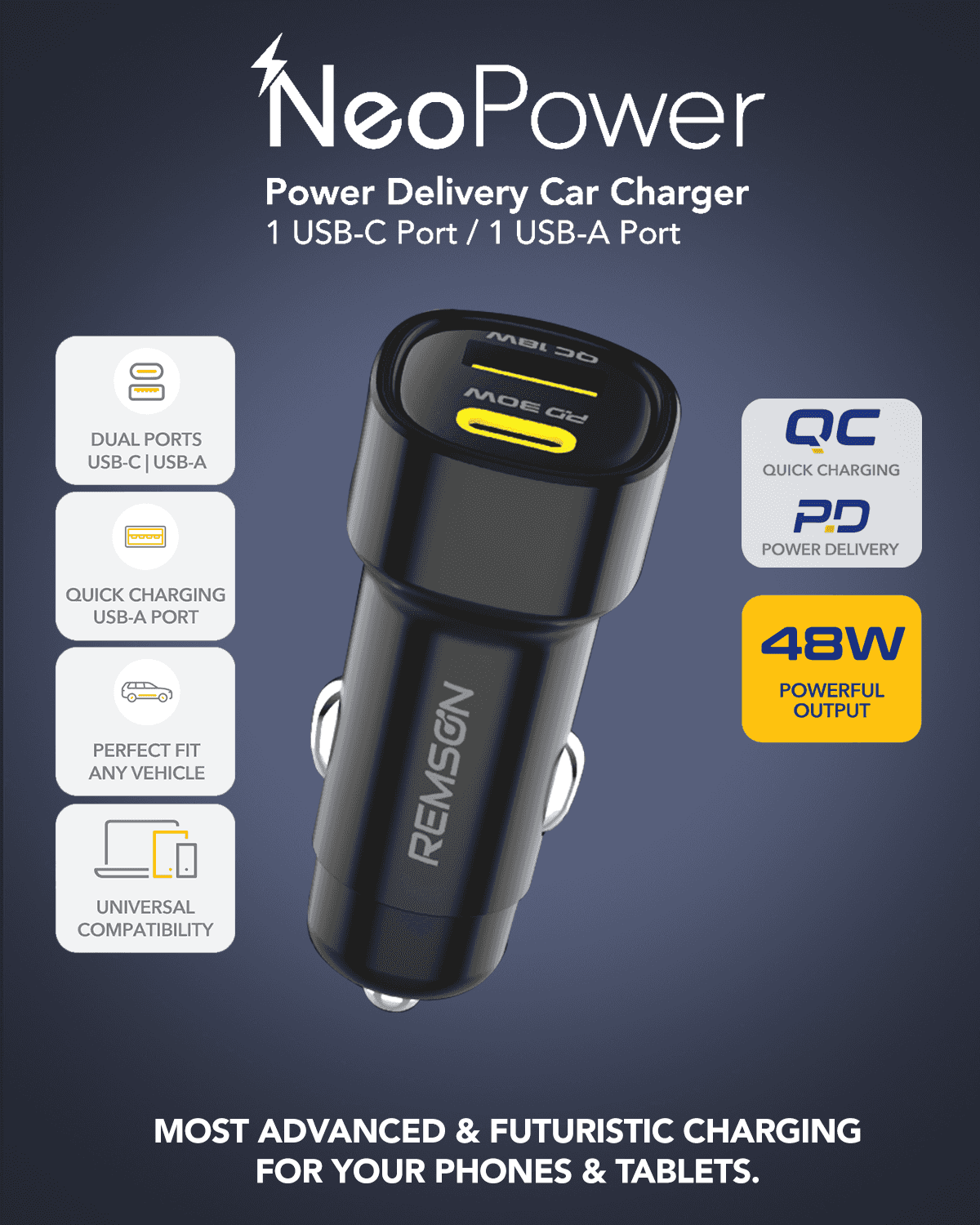 48W NEOPOWER POWER DELIVERY CAR CHARGER WITH TYPE-C CABLE